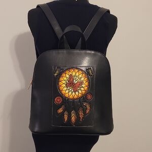 Black Leather Backpack with Dreamcatcher Design